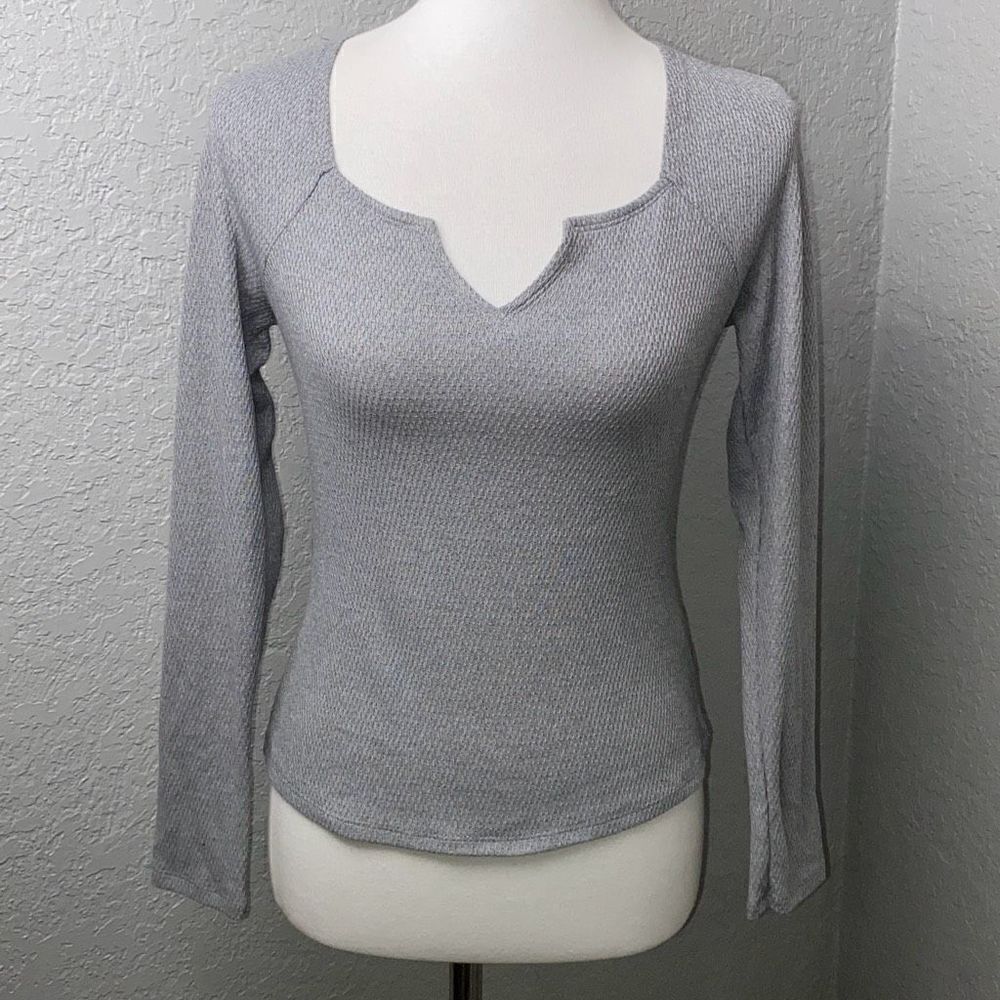 Anthropologie Pilcro waffle thermal L/S tie back gray XS notch collar
